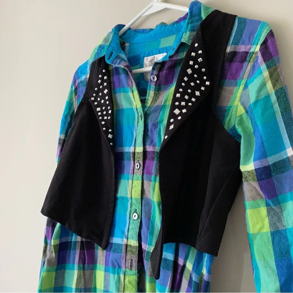 Justice Girls Button-up Plaid Shirt with a Studded Vest Size 14